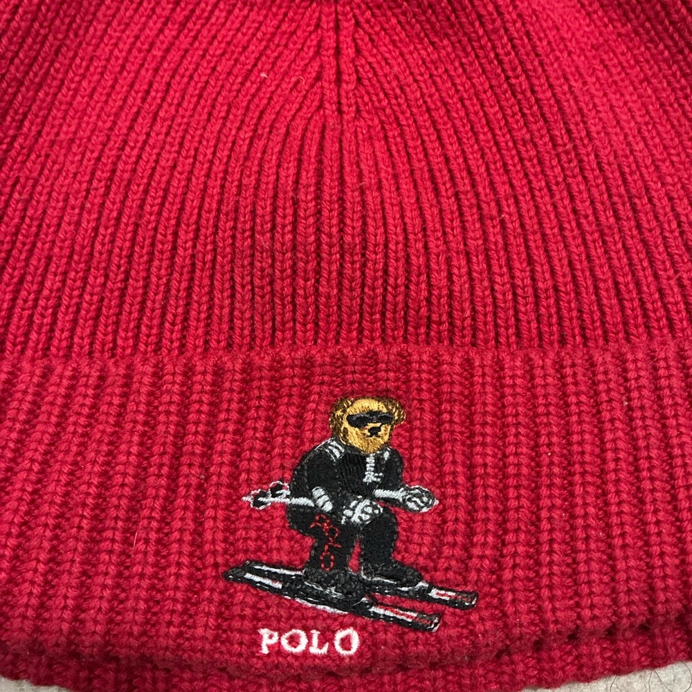 Polo by Ralph Lauren Red Knit Ski Bear Embroidery Beanie Adult One Size Fits All